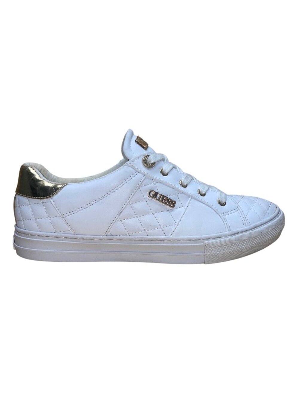 Guess Women’s White Quilted With Gold Accents Lace-Up Loven Sneakers Size 10M